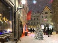 Tallinn old town  Christmas tree  Snowy medieval house  shop windows street lantern light snow flakes  scene city 3D-illustration Royalty Free Stock Photo