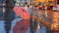 Tallinn Old Town Panorama city light pink umbrella rainy season street evening lightening blurring bokeh city people walking Royalty Free Stock Photo