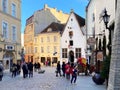 Tallinn.Old town street life tourist make photo on  street in medieval city,travel to Europe  ,Tallinn,Estonia,20,02,2020 Royalty Free Stock Photo