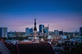 Tallinn Skyline at sunset with Town Hall Tower and the Modern Buildings of City Centre on background - Tallinn, Estonia