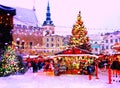 Christmas in the city  holiday new year in Tallinn old town square Christmas tree decoration light market place Estonia Royalty Free Stock Photo