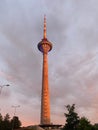Tallinn TV tower at sunset. Modern architectural brutalism. Architecture of Eastern Europe.