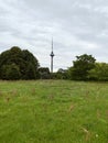 Tallinn TV tower, view from the botanical garden. Modern architectural brutalism. Architecture of Eastern Europe.