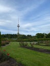 Tallinn TV tower, view from the rose garden. Modern architectural brutalism. Architecture of Eastern Europe.