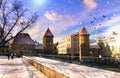 Tallinn.Winter  in old town city park ,medieval tower roof,tourist walking,Travel to Estonia Europe Royalty Free Stock Photo