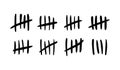 Tally mark. Lines or hand-drawn sticks are sorted by four and crossed out. Simple mathematical visualization of counting