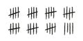 Tally marks. Hand drawn lines or sticks sorted by four and crossed out. Simple mathematical count visualization, prison