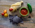 Tamale served with blue corn tortilla, tomatillos, tomato sauce Royalty Free Stock Photo
