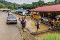 TAMAN NEGARA, MALAYSIA - MARCH 16, 2018: Floating restaurant on Tembeling river in Kuala Tahan village, Taman Negara