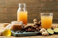 Tamarind fruit and drink on rustic table