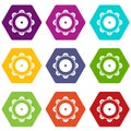 Tambourine icon set color hexahedron