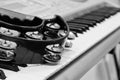 Tambourine lying on the piano keys