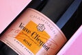 Close-up of Bottle of Champagne Veuve Clicquot Rose in pink box
