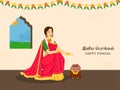 Tamil Lettering Of Happy Pongal With Beautiful South Indian Woman Stirring Rice In Mud Pot Over Firewood And Floral Garland