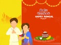 Tamil Lettering Of Happy Pongal With Faceless South Indian Couple Giving Greets, Traditional Dish In Mud Pot, Temple On Yellow