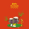 Tamil Lettering of Happy Pongal with Mud Pots Full Of Traditional Dish (Rice), Sugarcane, Lit Oil Lamp