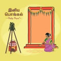 Tamil Lettering Of Happy Pongal with Woman Making Rangoli Near Door and Traditional Dish Cooking at Bonfire and Sugarcanes