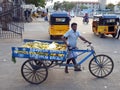 Tamil man selling bananas in Kasimedu flower and vegetable market Chennai India