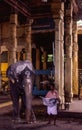 Tamil Nadu, India: Elephant with his caretaker inside temple