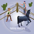 Taming mustang cowboy Wild West Illustration isometric icons on background