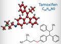 Tamoxifen, C26H29NO molecule. It is antineoplastic nonsteroidal antiestrogen, used in the treatment and prevention of breast