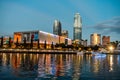 Colorful illuminated Tampa Museum of Art and downtown buildings reflecting on the water. Royalty Free Stock Photo