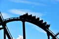 Beautiful silhouette of Shetaah Hunt Rollercoaster on sunset background at Bush Gardens Tampa Ba