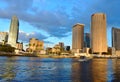 Panoramic view Tampa Downtown and boat sailing on cloudy sunset background.