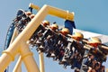 People ride giant Montu Roller Coaster at Bush Gardens Tampa Bay . Several are screaming.