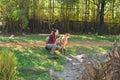 Woman trainer and beautiful cheetah on green meadow at Tampa Bay area.