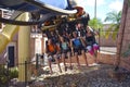 Funny people starting terrifying trip in Montu Rollercoaster at Bush Gardens