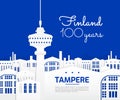 Tampere Finland city view illustration - Finland tourist attractions and landmarks vector design - blue and white color background