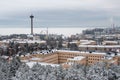 Nasinneula Observation Tower and the surrounding city of Tampere and lake Nasijarvi in winter Royalty Free Stock Photo