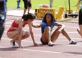 Jurnee Woodward and Tianlu Lan after 400 metres hurdles in the IAAF World U20 Championship in Tampere, Royalty Free Stock Photo