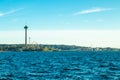 Tampere, Finland - 24 June 2019: Sarkanniemi amusement park with Nasinneula tower, view over the water at sunset