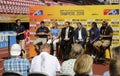 Tara Davis, Lisa Gunnarsson, Armand Duplantis, Mike Powell, Sebastian Coe on the press conference in Tampere, Finland 2018 Royalty Free Stock Photo