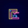 Tamping espresso machine outline neon icon. Coffee and barista equipment. Isolated vector stock illustration