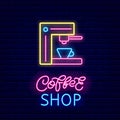 Tamping espresso machine outline neon icon. Coffee shop brush lettering. Isolated vector stock illustration