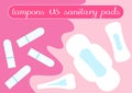 Tampon vs pads comparison. Feminine hygiene products. Illustration for your choice in bloody month period. Menstruation time, mens