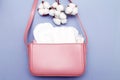 tampons, hygienic panty liners, feminine sanitary pads in a women's pink cosmetic bag Royalty Free Stock Photo