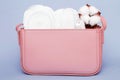 tampons, hygienic panty liners, feminine sanitary pads in a women's pink cosmetic bag Royalty Free Stock Photo