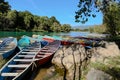 TAMUL, SAN LUIS POTOSI MEXICO - January 6, 2020:Colorful canoes on the Tamul river in Huasteca, these canoes will be used for the Royalty Free Stock Photo