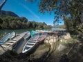 TAMUL, SAN LUIS POTOSI MEXICO - January 6, 2020:Colorful canoes on the Tamul river in Huasteca, these canoes will be used for the