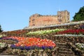 Tamworth castle and flowerbeds.