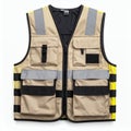 Protective workwear safety vest with pockets and reflective tape, ideal for industrial tasks on white background Royalty Free Stock Photo