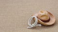 Brown and tan western hat and rope laying isolated on a textured tan background with copy space Royalty Free Stock Photo