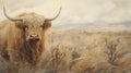 Tan Highland Cattle Painting In The Style Of Peter Mohrbacher