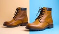 generated using AI.Tan leather boots displayed against a split background one side is light beige, the other is bright blue. Royalty Free Stock Photo