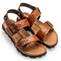 Tan leather sandals with adjustable straps and cushioned footbed, isolated on white background. Royalty Free Stock Photo
