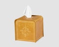 Tan leather tissue box cover with compass embossing on white